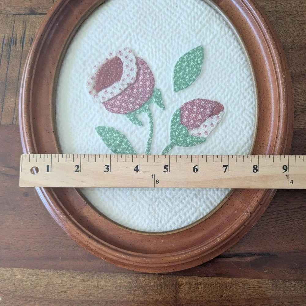 Vtg Handmade Framed Fabric Art Blue Pink Quilted Floral Cottagecore Set of 2